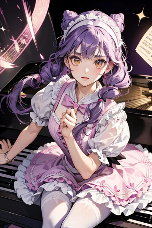 Melodine is a light-skinned girl with curly purple hair worn in a bun, with two tight finger curls framing her face and her bangs curled inward. She has yellow eyes and wears a white and black piano key-patterned headband with a bow that has a music note in the middle. Her music-themed outfit consists of a white top with pink frilly sleeves, pink trim on the collar, and a treble clef design, and a piano key tutu. Also, she wears lavender tights with pink ballet slippers. SPARKLE; GLITTER