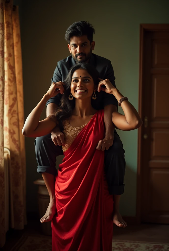 Create a realistic photograph of a smiling and beautiful indian actress in red satin carrying a large man on her shoulders in a room, man is sitting on top of her shoulders , man on top, woman at bottom 