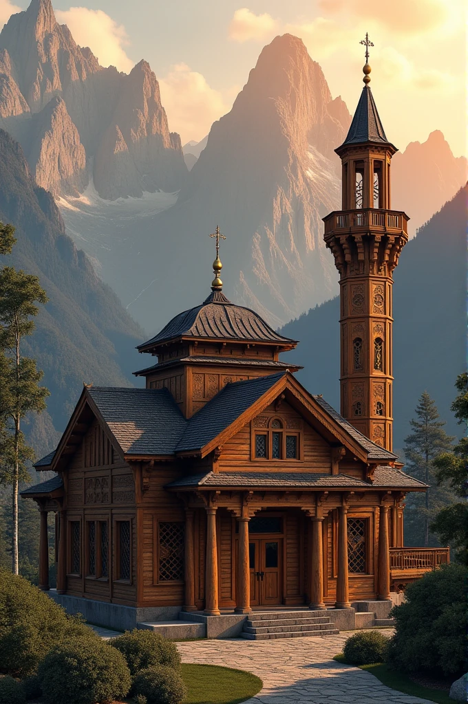 A photography of beautiful mosque made from wood at the village. The background is mountain sunrise view