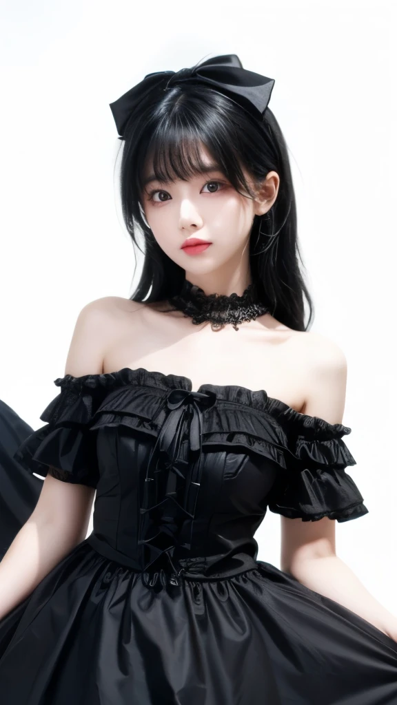 Super cute black hair,Black Lolita dress girl. 8K ultra-high quality, Delicate texture, Pure white background.