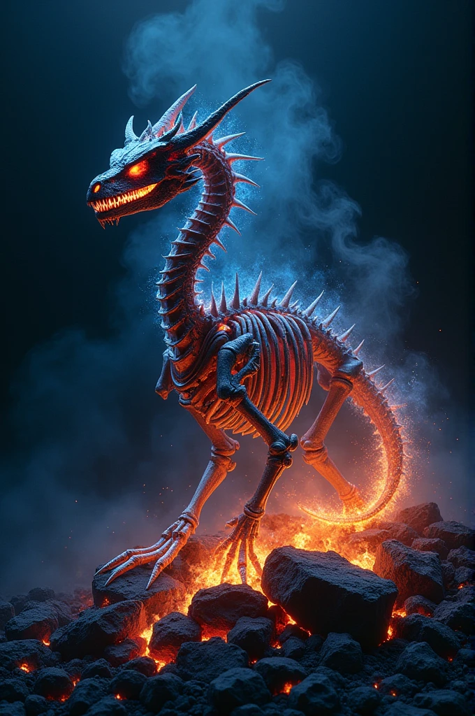 A dragon buried in a pile of ashes with it's skeleton shining in blue red golden ember in a black background