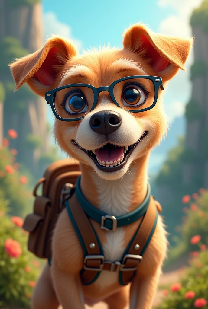 A dog with glasses, short hair up to the neck, with a backpack and braces on its teeth.