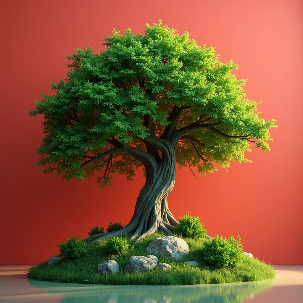 3d photo of tree. Background color mixing(red+green). The photo must represent save tree, save environment.