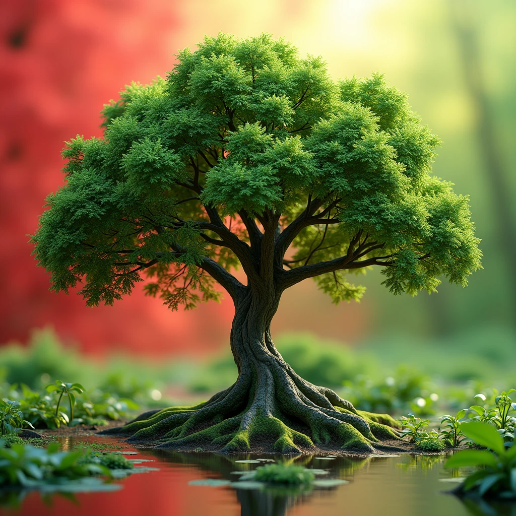 3d photo of tree. Background color mixing(red+green). The photo must represent save tree, save environment.