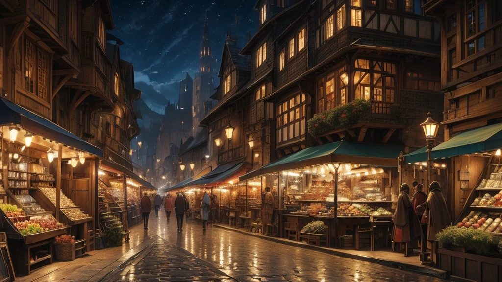 ((masterpiece)),((Highest quality)),((High Detail)),nobody,background, fantasy,Medieval streetscape, candlestick, market, night