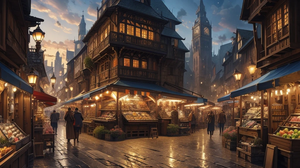 ((masterpiece)),((Highest quality)),((High Detail)),nobody,background, fantasy,Medieval streetscape, candlestick, market, night
