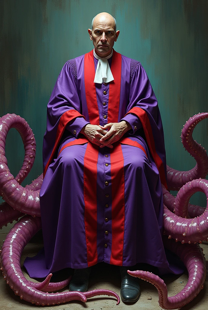 Alexandre de Moraes's shaved head, beardless, dressed in a purple and scarlet judicial robe like a of the apocalypse, sitting on top of a Brazilian Supreme Federal Court Squid.