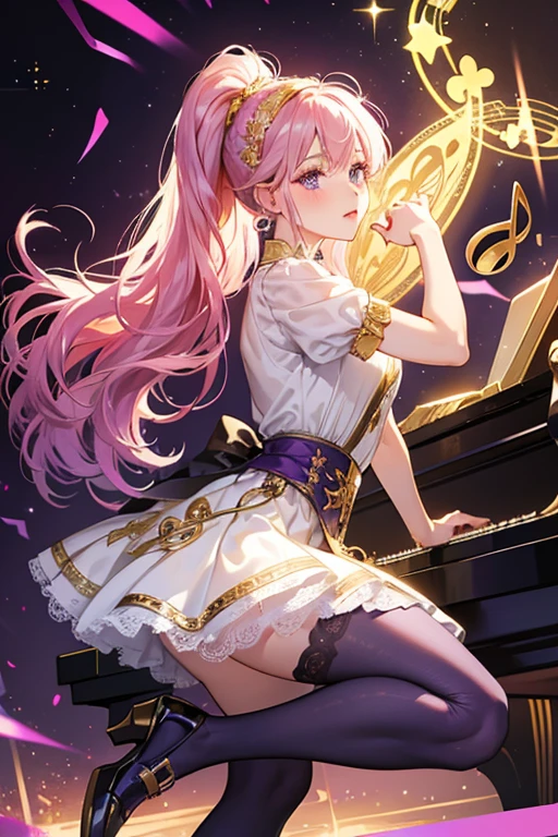 She has the same eyes with a tiny music note icon on them and pale pink lips and blushed cheeks. Her eye-shadow is gold with purple and pink music notes above them. Her hair is worn in a curled ponytail held by thin braids, and her bangs are waist length and worn in a large, loose curl on each side of the head, worn with a white and purple piano key headband with a gold music note and wing on each side. Her outfit resembles her original version, but has more pink detail and a gold treble clef at the middle, and her skirt has a glittery, purple lace layer beneath it. Her tights are lighter and her shoes have gold ribbon around the ankles to accent the large music note on the side. SPARKLE; GLITTER