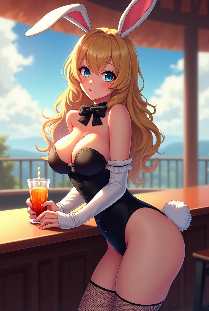 (masterpiece:1.3, Highest quality, Ultra-high resolution, Super detailed), (Realistic, photoRealistic:1.4), Beautiful illustrations, Perfect lighting, Natural light, colorful, Depth of written boundary, NFSW,
View your viewers, Side Shot, Cowboy Shot, 1 Girl, Japanese, 20-year-old, Perfect Face, (Perfect Anatomy), Cute and symmetrical face, Baby Face, Shiny skin,
(Long Hair, Curvy Hair, Blonde), Swept-apart bangs, blue eyes, Big eyes, Long eyelashes, (Large Breasts:0.8, Captivating thighs, Big Ass),
Beautiful Hair, Beautiful Face, Beautiful attention to detail, Beautiful clavicle, Beautiful body, Beautiful breasts, Beautiful thighs, Beautiful feet, Beautiful fingers, break,
Playboy Bunny Girl, High cut leotard, Black bow tie, White cuffs, Thighs wrapped in fishnet stockings, Black rabbit ears, The rabbit's tail comes from the donkey, Have a drink, ,
(Beautiful views), Daytime, (bar counter, over the counter:1.4), (Captivating smile, Upward glance),