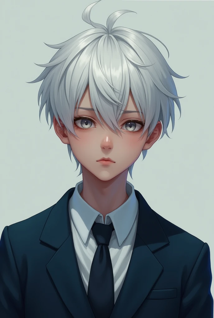 A teenager guy with white hair and wearing a dark blue school outfit
