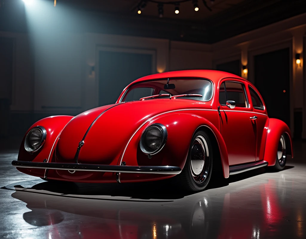 Car Photography, red car,(the car is shaped like beetle:1.5), cinematic, perfect lighting,