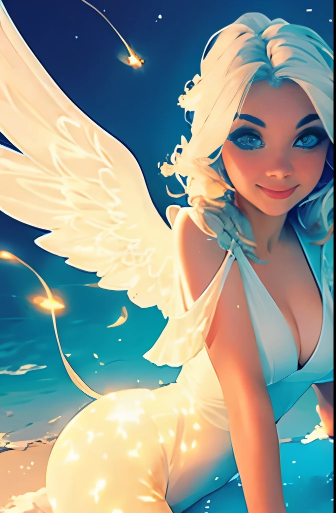 The angel's body glowed with a charming light in the sky