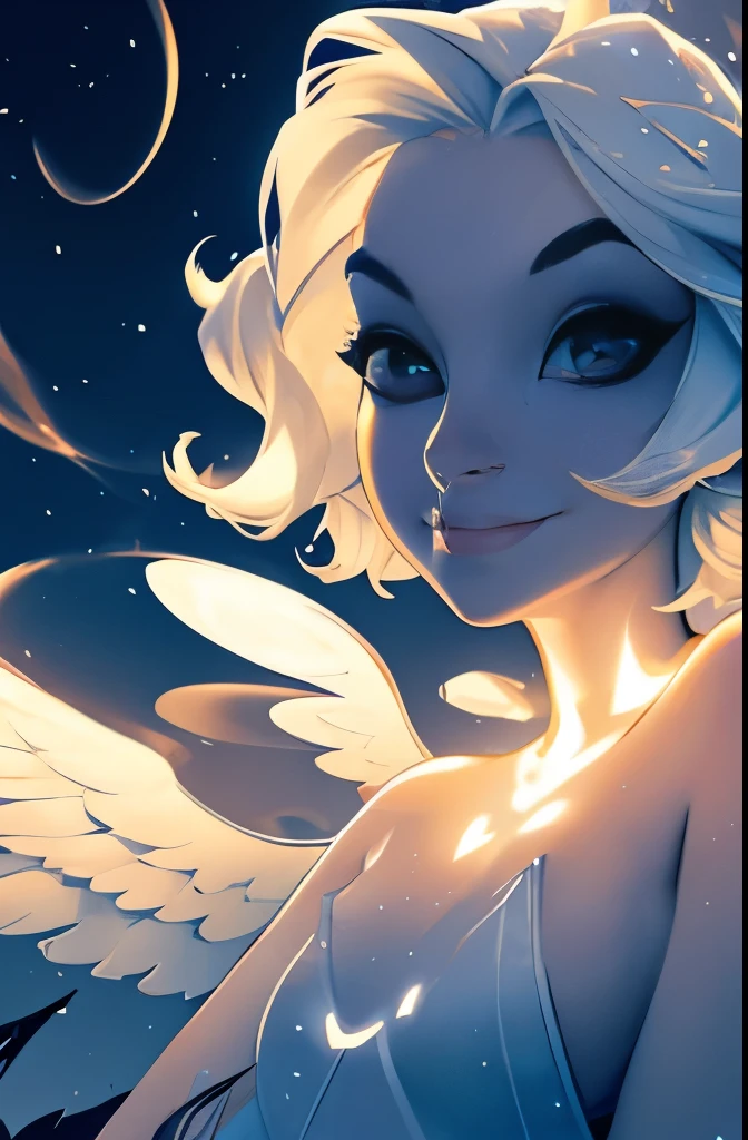 The angel's body glowed with a charming light in the sky  
