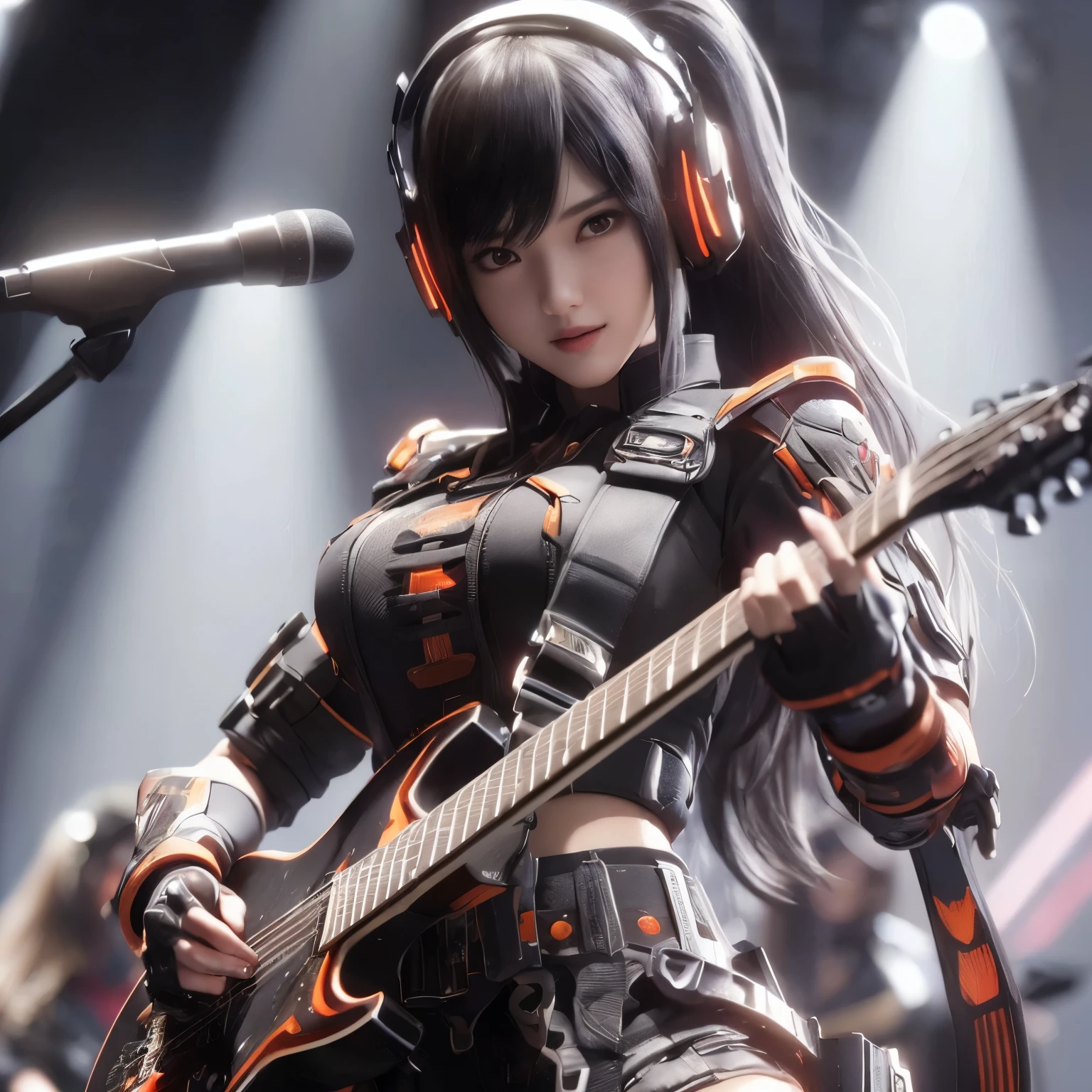 Top Quality, Masterpiece, Ultra High Resolution, (Photorealistic: 1.4), Raw Photo, 1 Girl, Black Hair, Glossy Skin, 1 Mechanical Girl, (((Ultra Realistic Details)), Portrait, Global Illumination, Shadows, Octane Rendering, 8K, Ultra Sharp, Intricate Ornaments Details, realistic skin, sweat effect, ((wearing Headphone)), very intricate detail, realistic light, CGSoation trend, brown eyes, glowing eyes, matte black and glossy orange mechanical bodysuit, Long hair, black hair, Ponytail hair, Half body shot, spaceship bridge background, dynamic pose, cute smile, close up, Open Mouth, facing audience