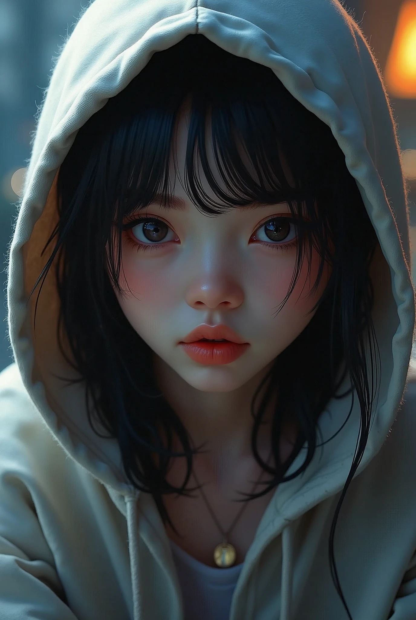 a beautiful girl with heart-shaped pupils, open mouth, wearing a hoodie, detailed portrait, cinematic lighting, photorealistic, highly detailed, digital painting, masterpiece, intricate details, realistic skin texture, vivid colors, dramatic lighting, atmospheric, concept art style