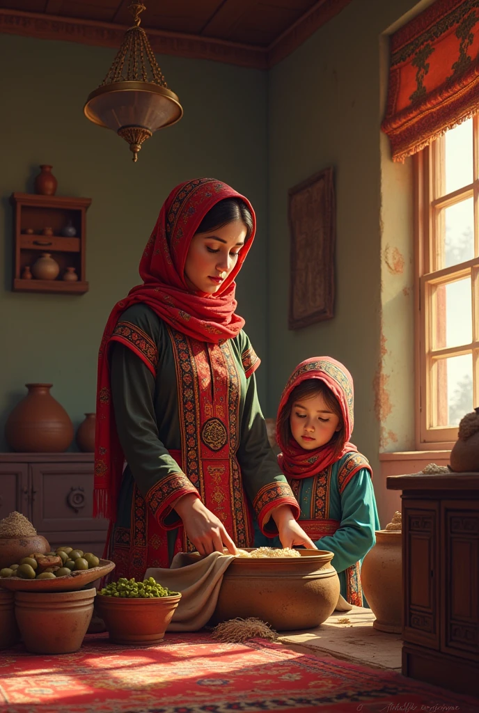 Traditional Afghan woman homemaker along with her daughter. 