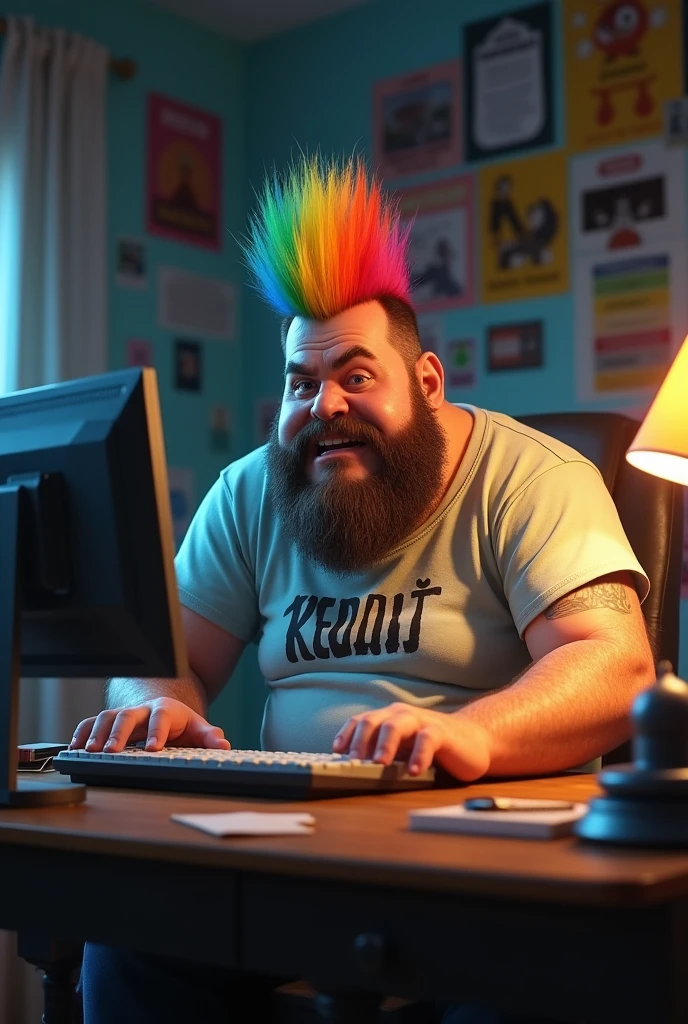 Pixar angry obese man with neckbeard, rainbow haircut and a shirt that says: Reddit, typing on his computer in his bedroom