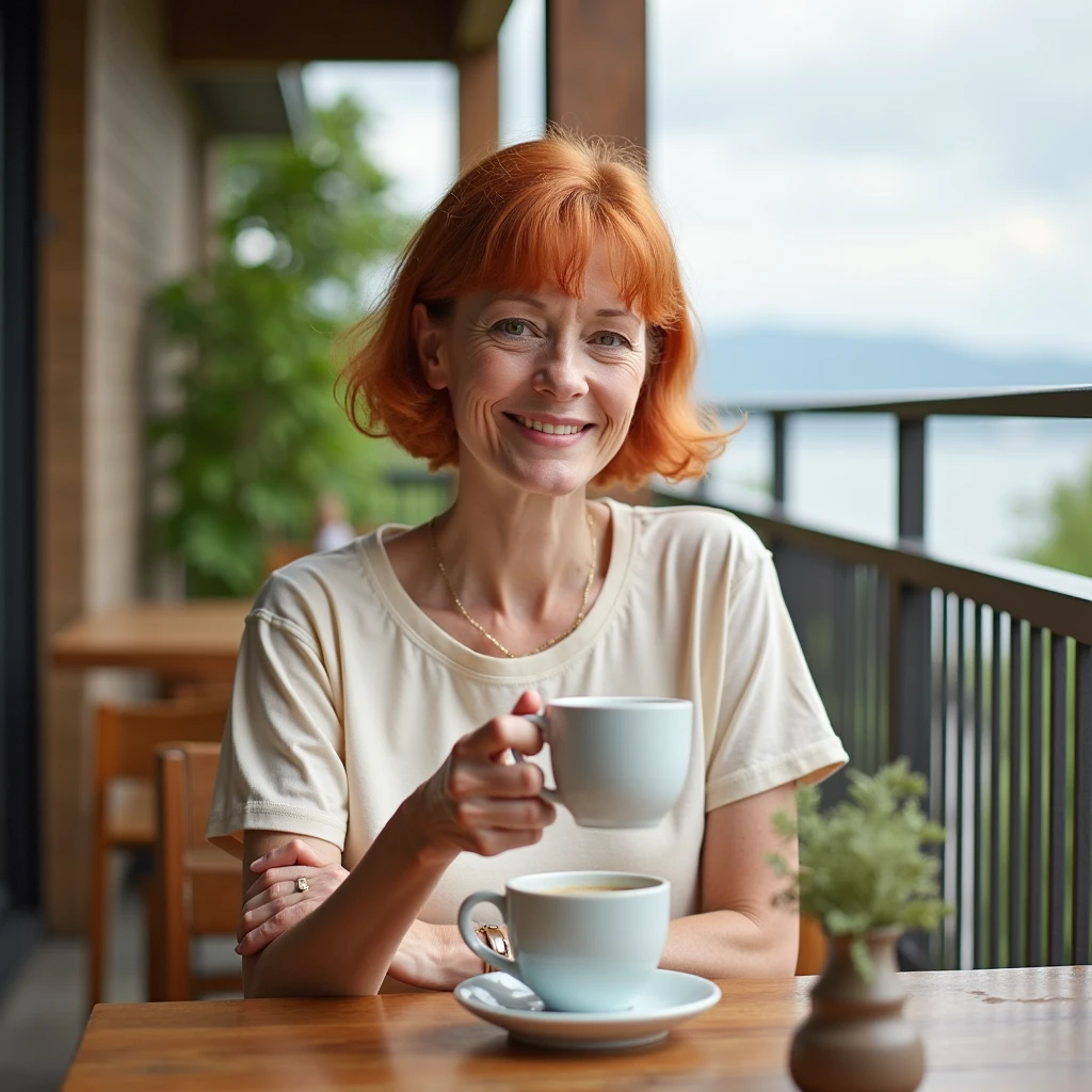 Enjoying coffee on the open terrace　A girl with light red hair and wearing a T-shirt２０Japanese women in the latter half of their lives