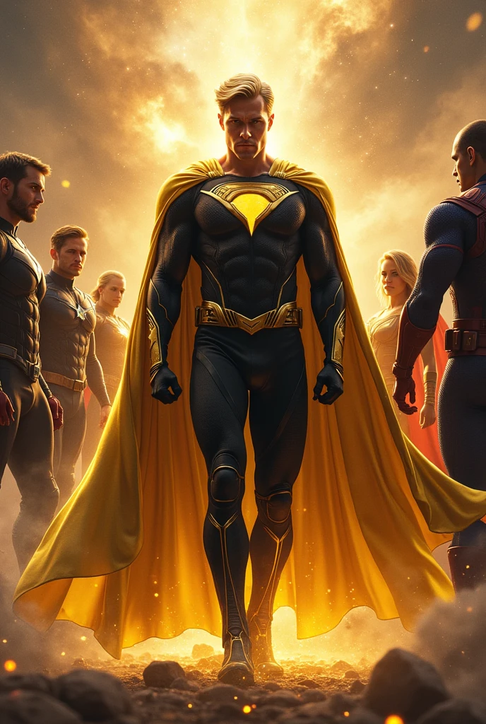 Make the Justice League and the Avengers and a blonde man in black and gold superhero clothes and a golden cape that controls the energy that's in the middle. 