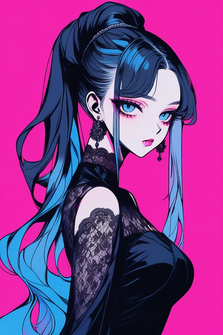 (masterpiece,Highest quality), Illustrator, anime , Realistic ,sketch , 1 person, model, lip, A sheer gothic black dress with lace and a revealing cut, order, Blue and pink gradient background, Neon color long ponytail hair, Big Breasts, Big eyes, Upper Body, Sexy look, Sexy pose, Texture Trim, Russian, (masterpiece,Highest quality)