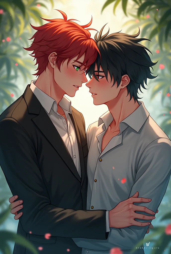 Gay boy couples one with red hair sea green eyes and second one with black hair red eyes like hanzo and hayabusa from mobile legends with romantic style