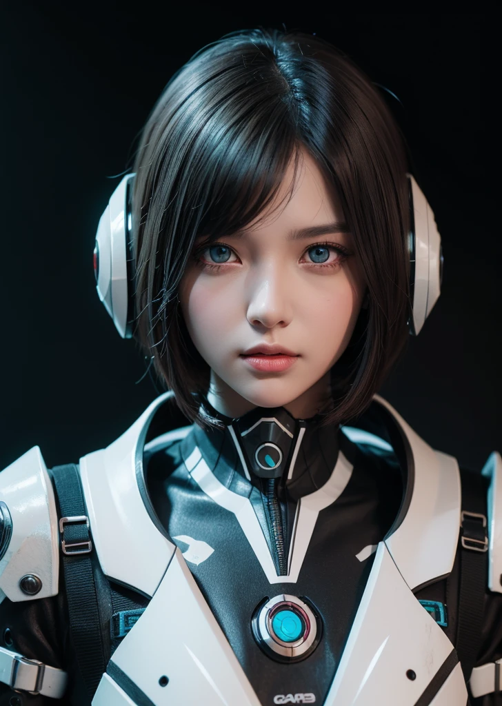 Digital illustration of a white mechs suit with a short bob hairstyle, Gray Hair, (Total body length), (Super cute), (Super beautiful face), 32k Ultra HD, C4D Style, Octane Rendering, Sharp focus, Intricate details, Perfect detail, Highest Resolution, Show your shoes, 1 person, alone, born, Realistic photo of a face, CG game art, Wearing white armor and helmet, Beautiful Eyes. Dark grey background、With neon red accents, Create an eerie atmosphere, Art style is inspired by GG game art style, Strong contrast between light and shadow、Featuring futuristic elements. A digital art piece themed in dark fantasy, Vibrant colors, With sharp details.