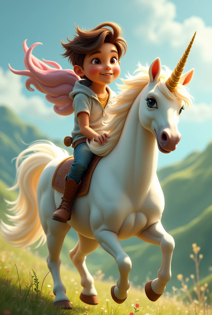 a short teenage male, Honey eyes, Cinnamon skin and brown hair riding a unicorn