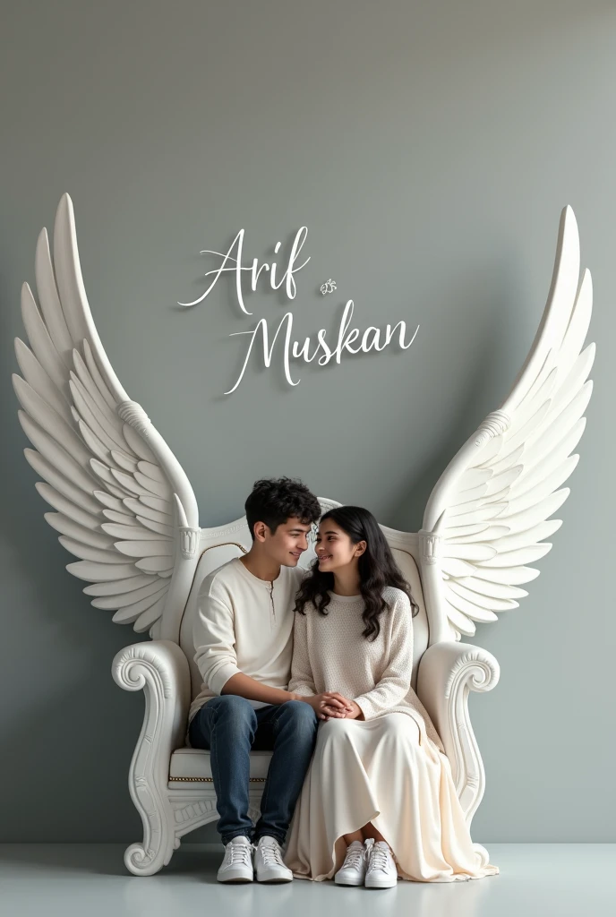Text 👇
Create realistic Image A 22 year old boy and girl is sitting on a king chair with white wings and behind him the color of the wall is gray on which Boy Name"Arif" Girl name "muskan" is written in curve style"