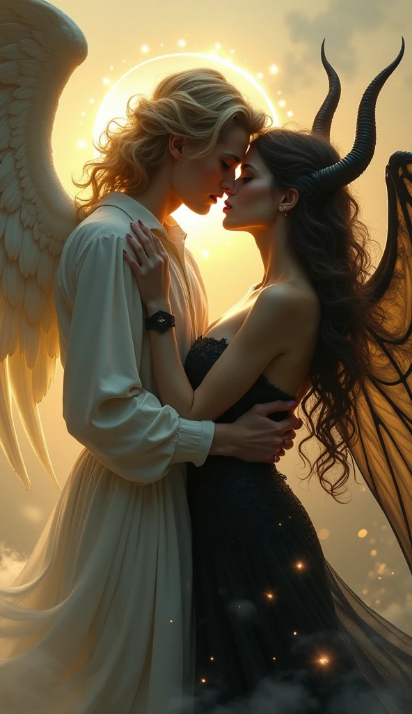 A very beautiful and pure angel kissing a very beautiful and alluring succubus