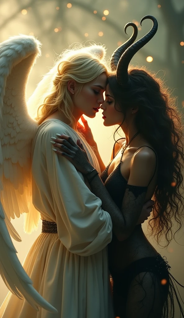 A very beautiful and pure angel kissing a very beautiful and alluring succubus