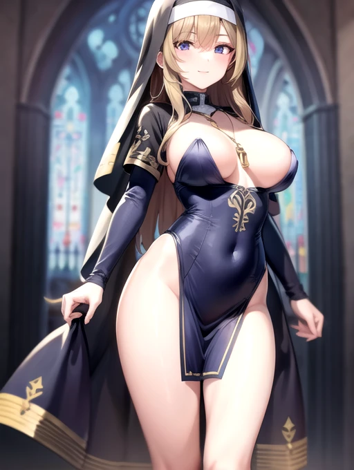 1girl, solo, asuna, large breasts, smiling, ((nun super micro small outfit), nun veil, necklace), church background, beautiful face, perfect detailed lines, (masterpiece), no blur, 8k image. Super tight, translucent micro clothes, small mini lace lingerie, hard nipples, super smal clothes, detailed skin, perfect details, ((half naked)), full body picture, tights, beautiful face