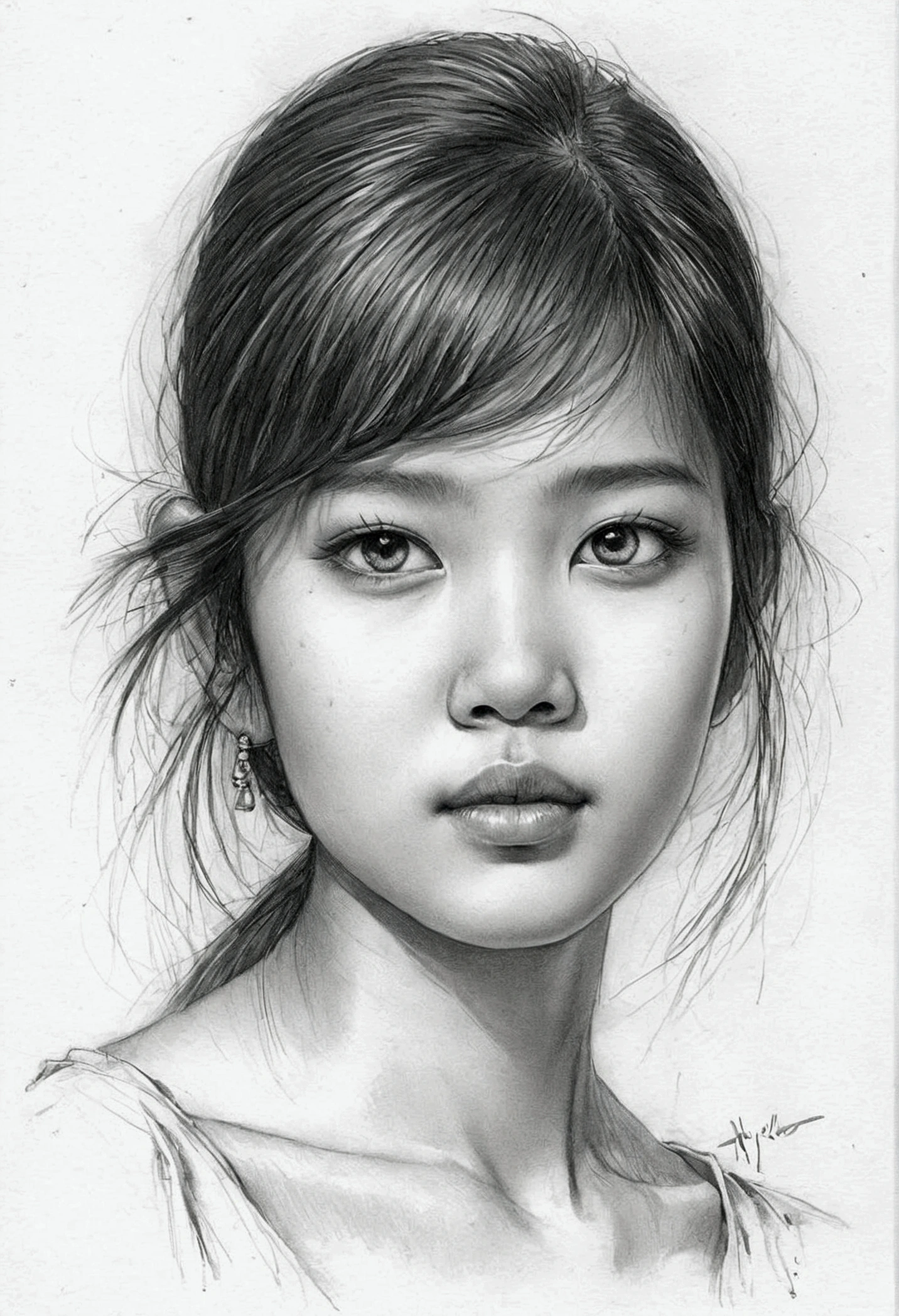 A delicate, graphite sketch shows a naked traditional Thai girl, her features rendered in subtle shading and precise lines. The framing is tight, focusing attention on the sweet beautiful serene face, very big eyes, thick and long eyebrow, very high nose, thin and wide lips. Soft, feathery strokes convey the gentle texture of her short hair, while the delicate curve of her neck is emphasized by the pencil's softness. The overall mood is contemplative. 