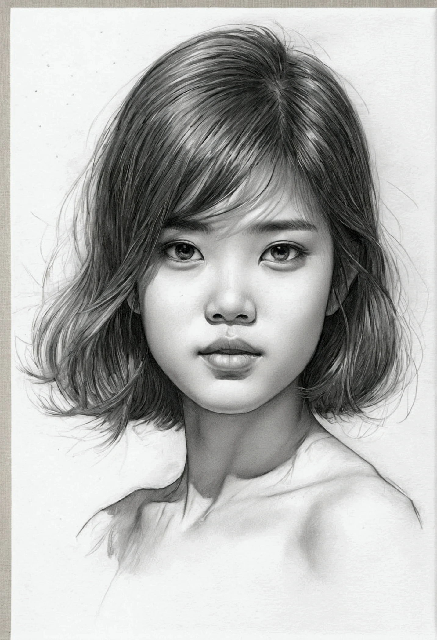 A delicate, graphite sketch shows a naked traditional Thai girl, her features rendered in subtle shading and precise lines. The framing is tight, focusing attention on the sweet beautiful serene face, very big eyes, thick and long eyebrow, very high nose, thin and wide lips. Soft, feathery strokes convey the gentle texture of her short hair, while the delicate curve of her neck is emphasized by the pencil's softness. The overall mood is contemplative.