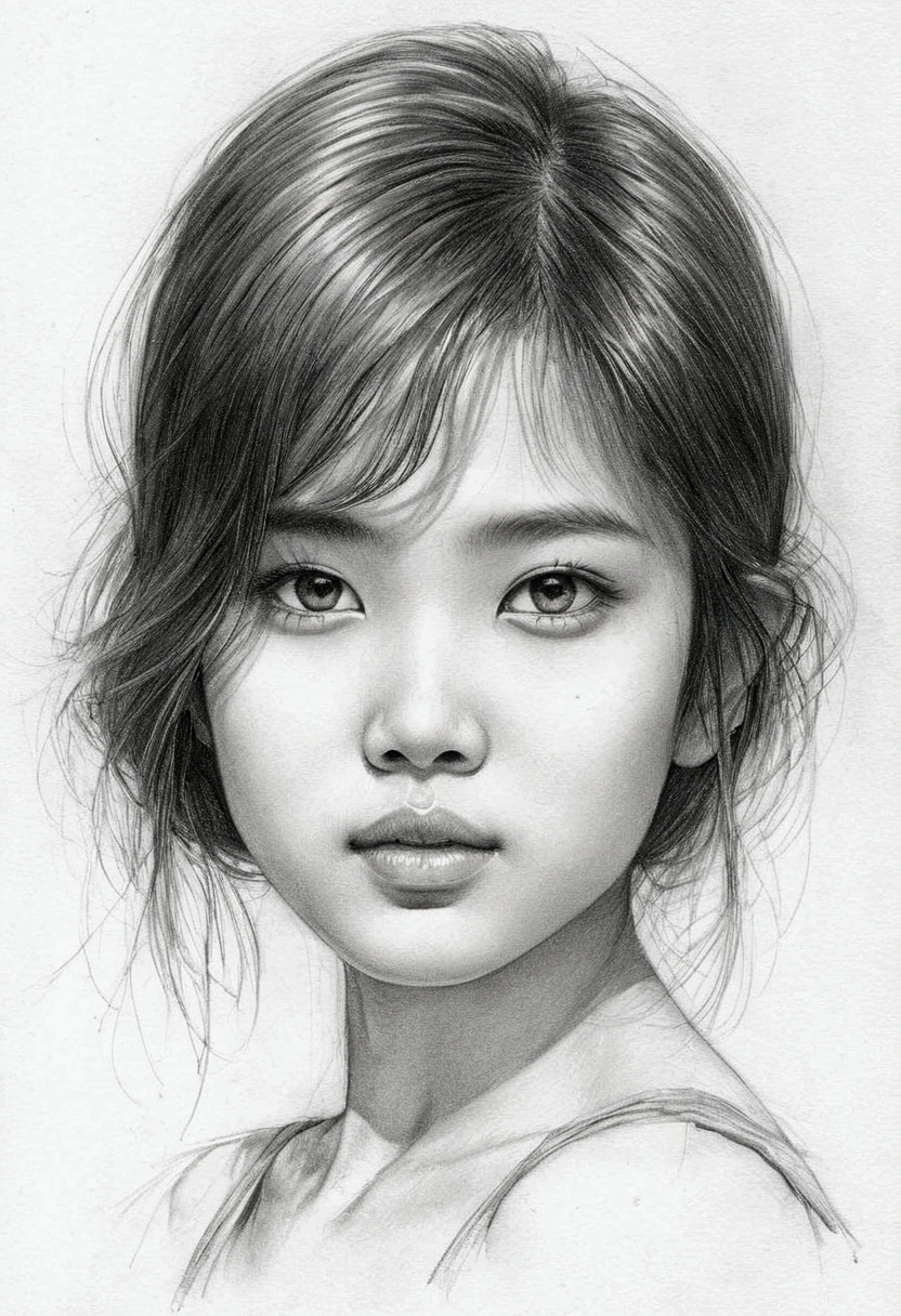 A delicate, graphite sketch shows a naked traditional Thai girl, her features rendered in subtle shading and precise lines. The framing is tight, focusing attention on the sweet beautiful serene face, very big eyes, thick and long eyebrow, very high nose, thin and wide lips. Soft, feathery strokes convey the gentle texture of her short hair, while the delicate curve of her neck is emphasized by the pencil's softness. The overall mood is contemplative.