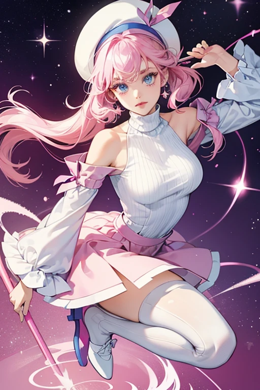 A woman, long brown hair [Wavy hair at the end of the hair,], blue eyes [bright pupils 1.5] break 
White shirt[with white shirt collar], Pink coquette jacket[Zipped up half way], Space blue short, Black gloves[short gloves,cover only the wrist and middle finger], Black tights, White legs warm,Blown boots [Short]. Break 
