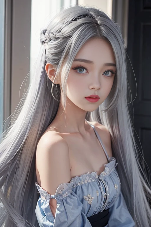 cute、woman、A hairstyle in which all hair is combed back、Odd Eye、Silver hair back、male、Her hair is shoulder-length、Odd Eye、male'Left eye is red、male right eye blue、Increase the wide angle、Clear Eyes、White and blue magic costume、mini skirt、(A kind smile).(Smile)、