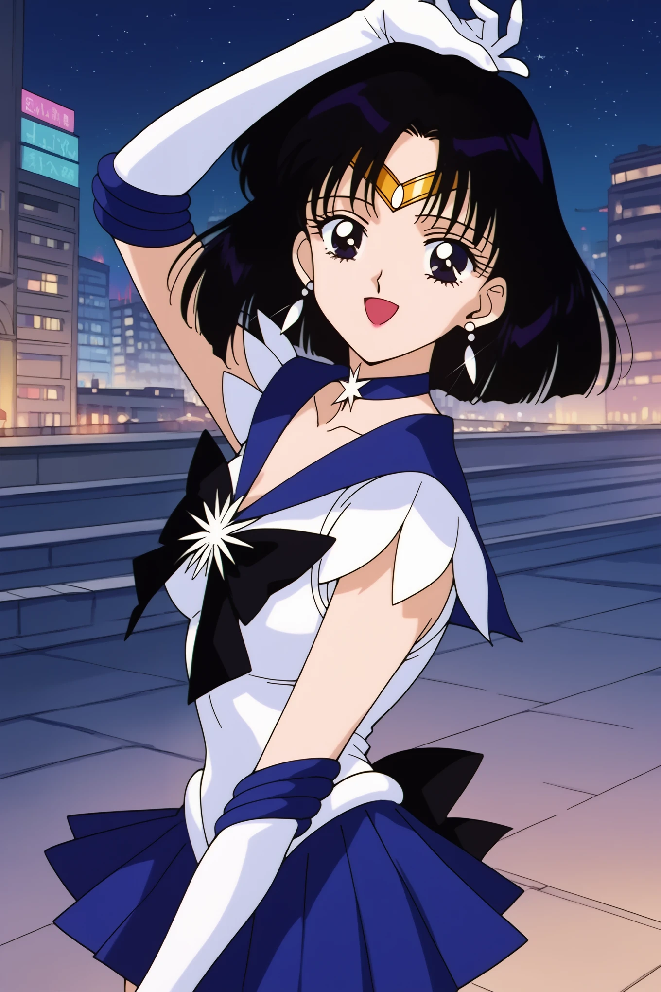 score_9, score_8_up, score_7_up, masterpiece, best quality, very aesthetic, absurdres, source_anime, 1990s \(style\), beautiful detailed eyes, BREAK 1girl, solo, hotaru tomoe, short hair, black hair, black eyes, small breasts, shiny clothing, sailor saturn, sailor senshi uniform, purple sailor collar, tiara, jewelry, earrings, star choker, star brooch, star (symbol), bow, back bow, white elbow gloves, purple pleated skirt, BREAK smile, open mouth, sexy pose, arm up, wind, outside, city, street, building, night, dark sky, dynamic angle,