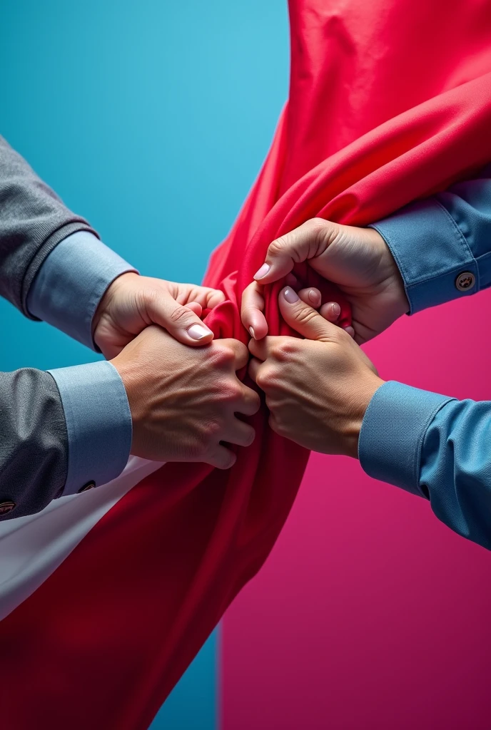 Theater flyer showing hands fighting for the Peruvian flag.
The background should be fuchsia and sky blue.
