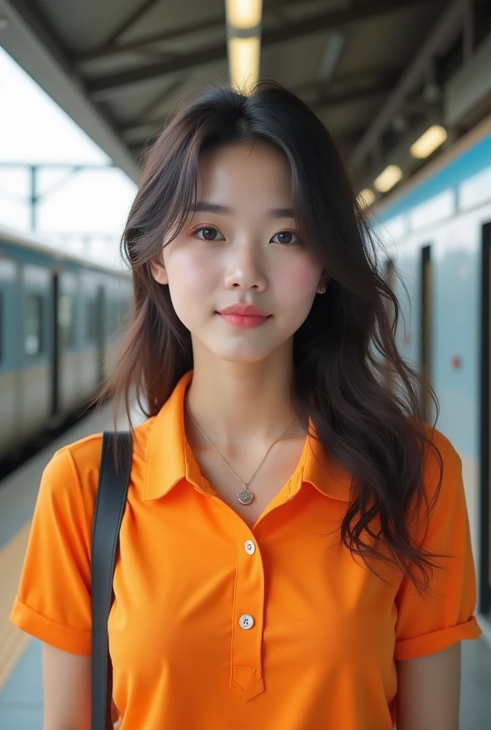 realistic photos of (1 cute Korean star) flipped hair, thin makeup, medium breasts size, orange polo shirt, at the train station, clear facial features of Canon EOS, 16k, high resolution, sharp and realistic details,  overexposure, cut-in, UHD, highres, best quality