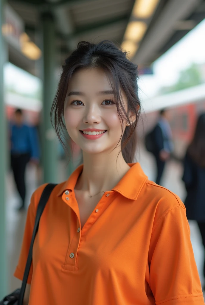 realistic photos of (1 cute Korean star) ped hair, thin makeup, medium breae, orange polo shirt, at the train station, clear facial features of Canon EOS, 16k, high resolution, sharp and realistic details, overexposure, cut-in, UHD, highres, best quality