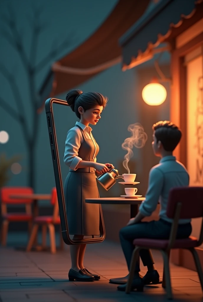 A realistic waitress is in a smartphone in 3D and she is holding kettle and serving coffee from a kettle to a man who is outside the phone sitting, night cafe background, realistic, 3D, 4K, professional 