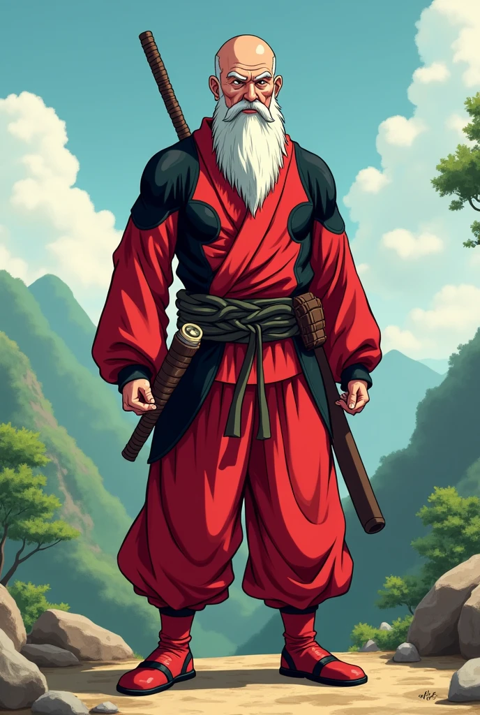 Create an image of Master Roshi wearing Deadpool's suit but without the mask

