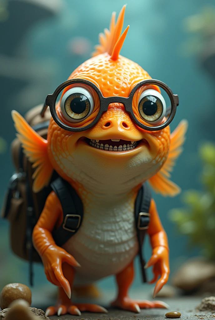 A fish with glasses, short hair down to the neck, with a backpack and braces on its teeth