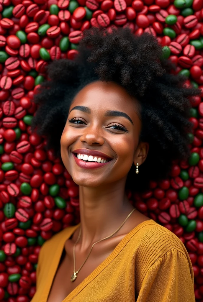 Name Nidia surrounded by red and green coffee beans accompanied by the phrase Happy Birthday