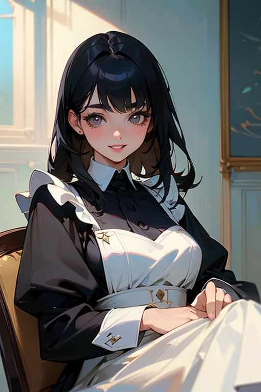 (Highest Resolution, clear_image) Highest quality, single, One woman, alone, masterpiece, Very detailed, Semi-realistic, Black Hairのショートヘア, Black Hair, bangs, 18-year-old, mature, Light blue , Indoor Background, kind, Authoritative, Powerful, exquisite features, exquisite features、Eyelashes become longer、Showing teeth、smile😀、Maid clothes、woman'Fingers in the、Sleeping on the sofa、Long Hair、Fluttering in the wind、((Change of clothes)).