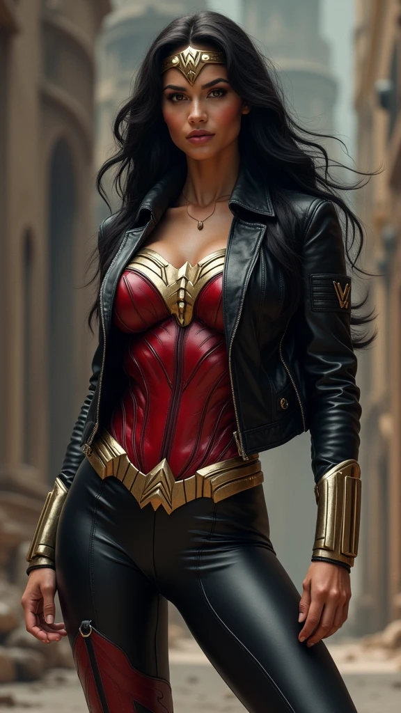 A beautiful woman Lynda Carter Wonder Woman long black hair black leather jacket red corset and black leather pants red knee-high boots Wonder Woman diadema on her forehead