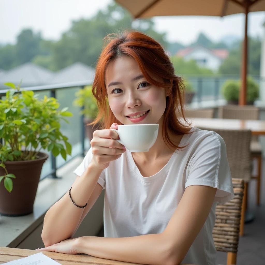 Enjoying coffee on the open terrace A Japanese woman in her late 20s with thin reddish hair wearing a T-shirt.