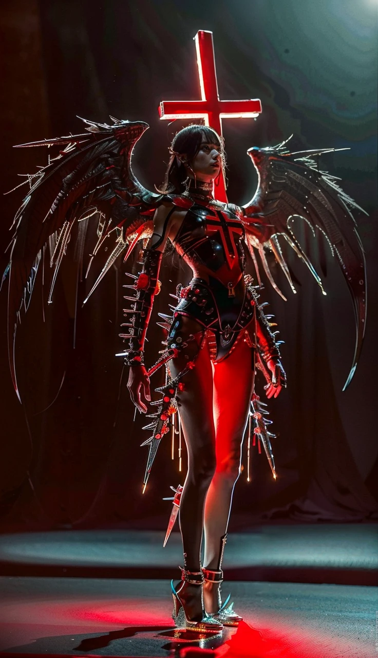 ((best quality)), ((masterpiece)), (detailed), perfect face, ((medium shot)),Gothic 1girl Sophie Turner, (((solo))) ; wearing a black leather corset with laces and belts, cape,ribbon, lipstick, pale skin, dark purple hair, braided ponytail, perfect anatomy dominatrix, slender figure , wide hips, toned body, ((black garter belt on hips)), midriff exposed, ((squeezed cleavage:1.2)), hourglass waist, angular face, defined cheekbones, (dark stockings), dark gauntlets, heavy makeup, choker, collar, shadow over eyes, looking at viewer, black thigh highs, black lingerie, medium shot, lighting, artwork, blank background