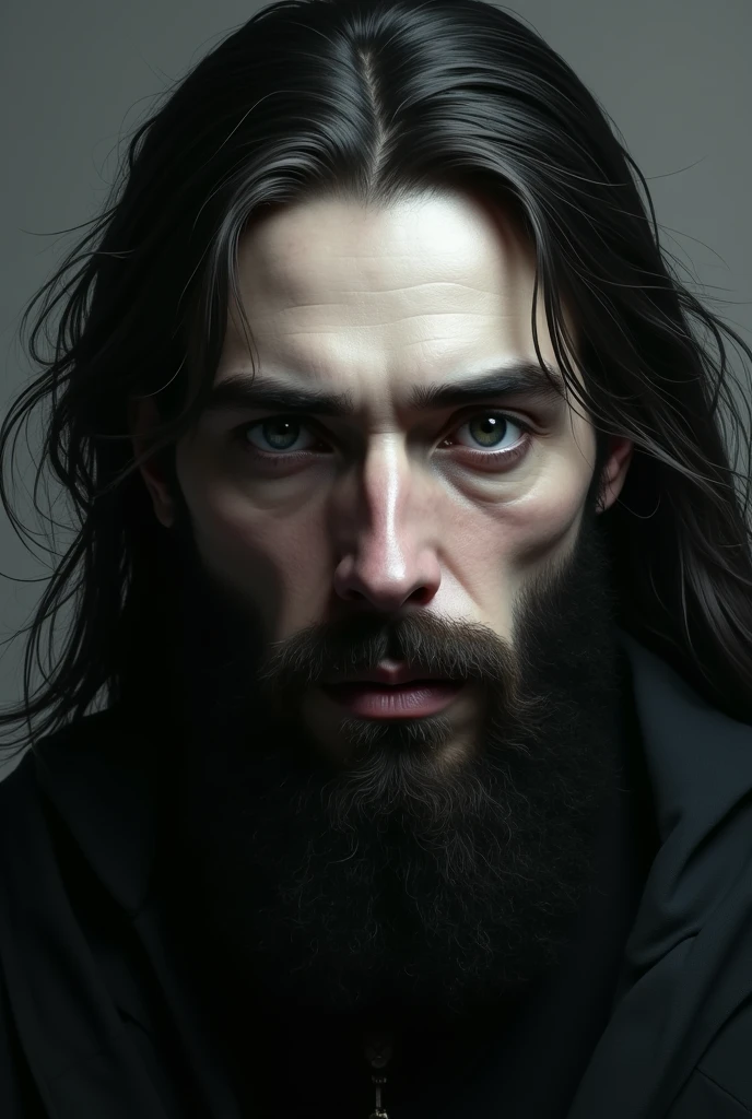 Man, 1man, long hair, pointed nose, white skin, beard, dark circles, light eyes, blonde dark hair
