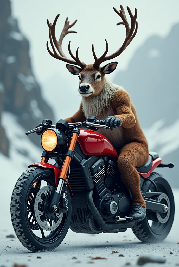 A reindeer with a red and black motorcycle 